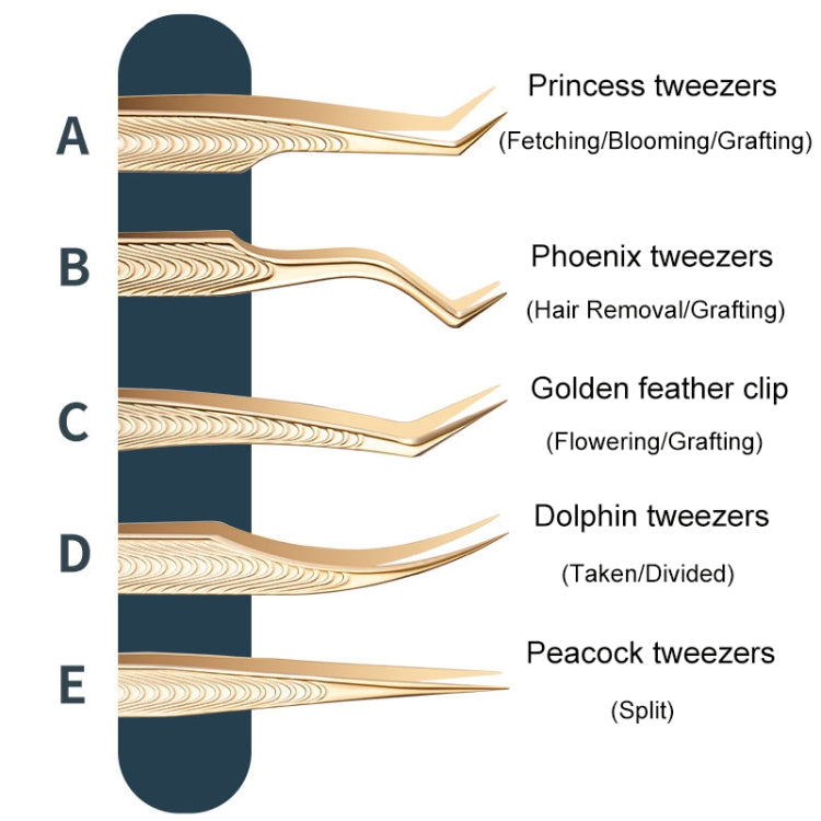 Assorted gold eyelash tweezers styles with different curved tip shapes