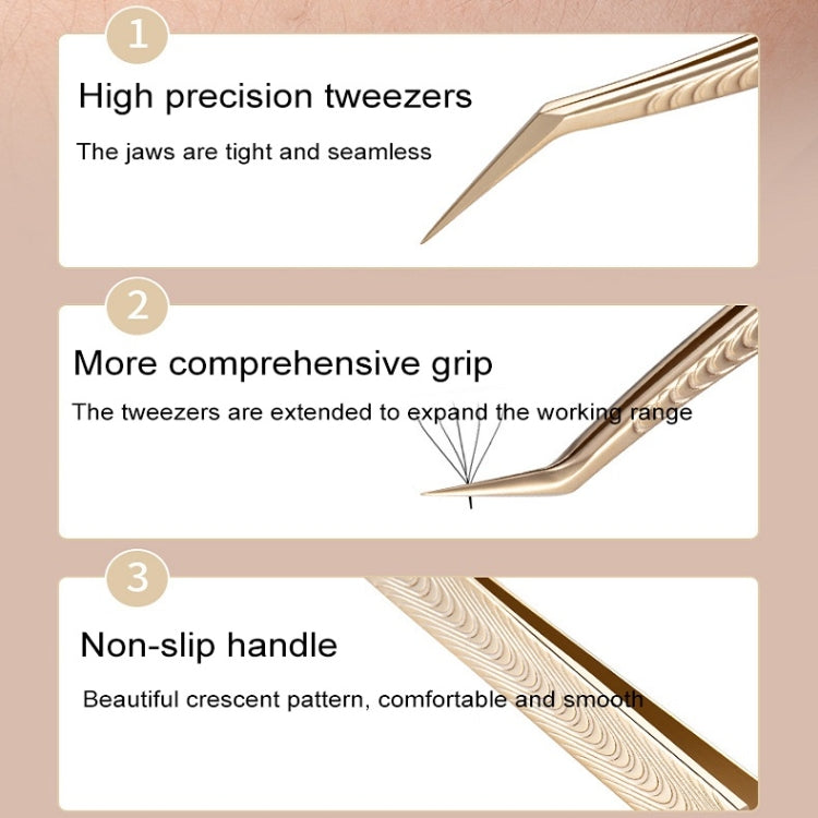Gold precision eyelash tweezers with narrow jaws and non-slip patterned handle