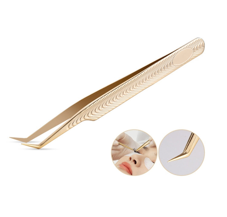 Gold eyelash extension tweezers with pointed tips and engraved wave-texture grip