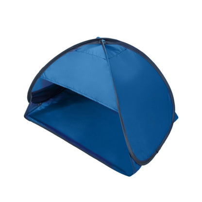 Blue pop-up sunshade tent with open arched entrance and support pole