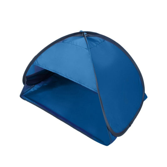 Blue pop-up sunshade tent with open arched entrance and support pole