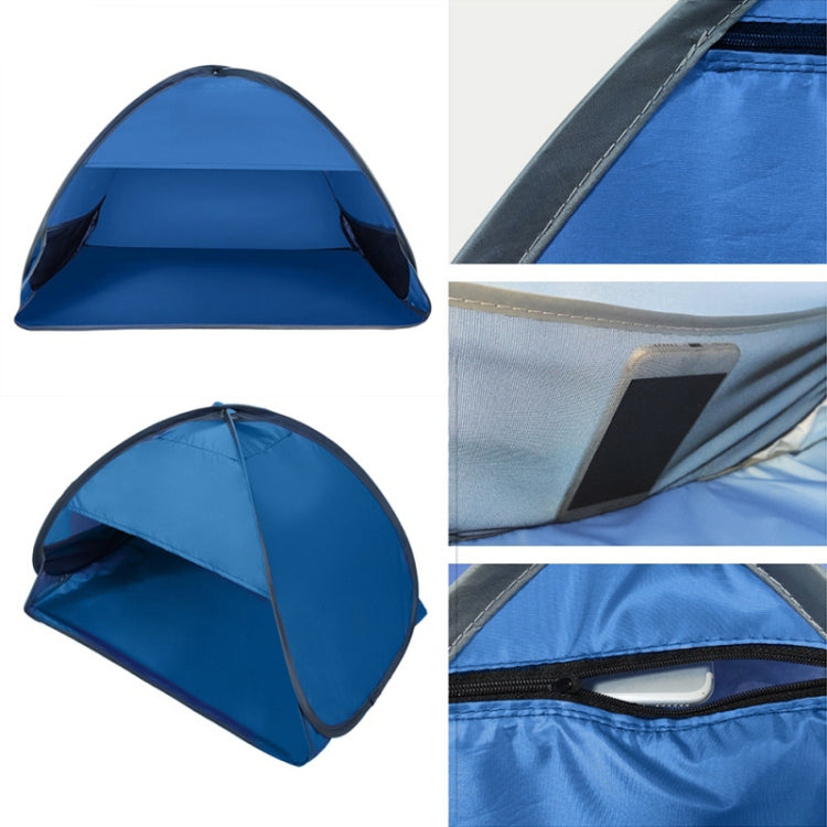 Blue pop-up sunshade tent showing front mesh panels and padded rim detail