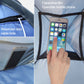 Blue pop-up sunshade tent with smartphone in front window and side cable opening