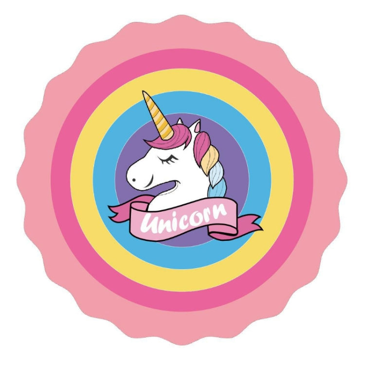 Children sprinkler play mat with unicorn graphic on pink round mat
