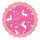 Children sprinkler play mat with multiple unicorns and stars on pink round mat