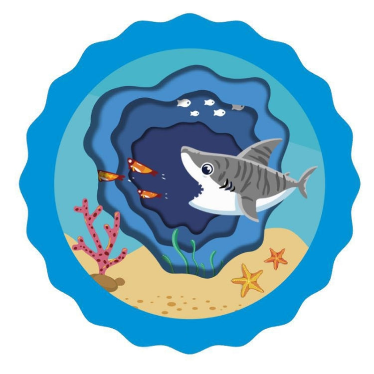 Children sprinkler play mat with shark graphic inside blue ocean ring