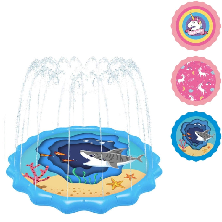 Children sprinkler play mat showing water spray and unicorn and shark circle designs