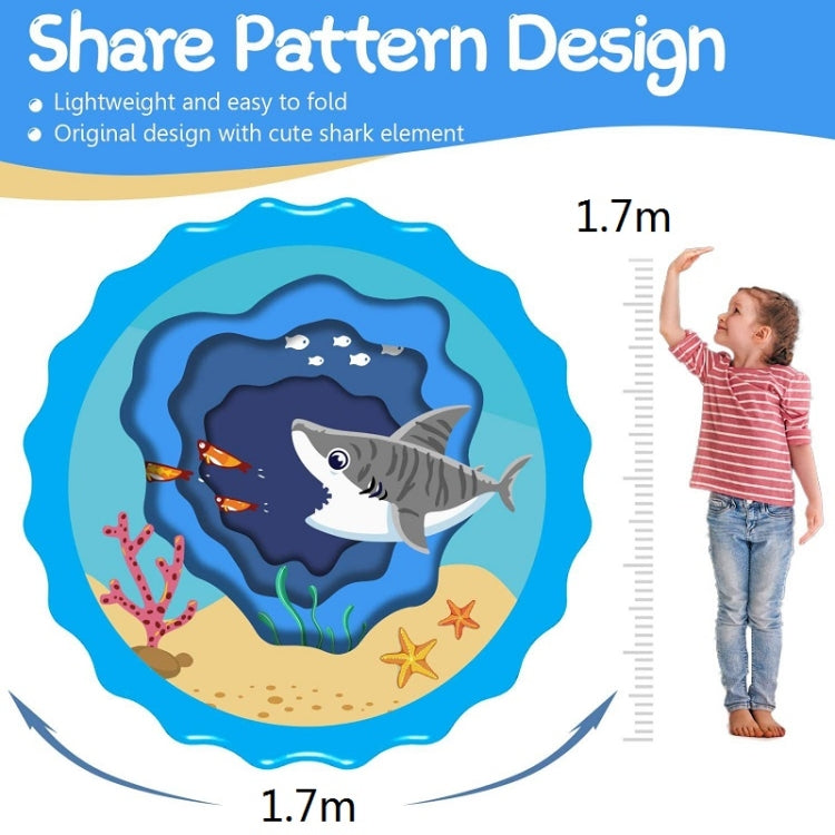Children sprinkler play mat with shark design, size marks, and child standing