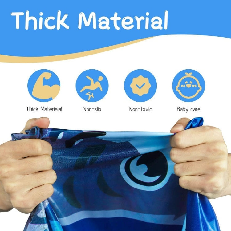 Children sprinkler play mat folded, showing blue pattern and non-slip label icons