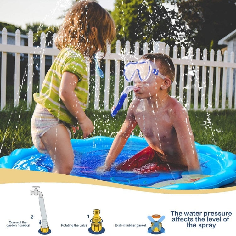 Children using round sprinkler play mat in backyard with water splashing