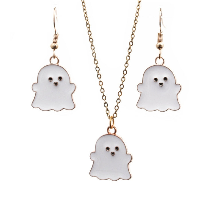 Ghost charm earrings and necklace set with white ghost silhouettes and gold-tone chain.