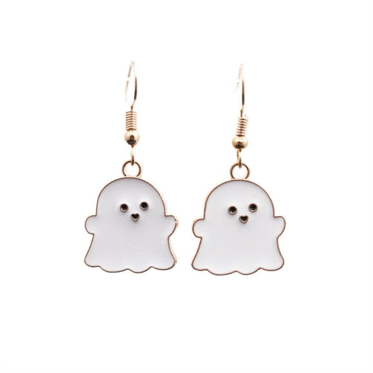Pair of white ghost charm earrings with gold-tone hooks and smiling face detail.