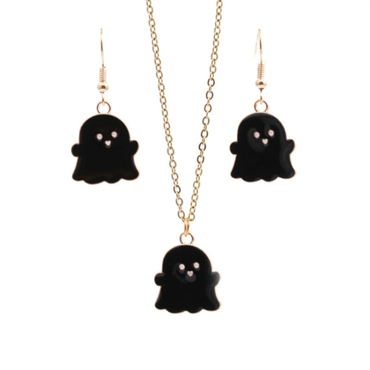 Pair of black ghost charm earrings with gold-tone hooks and smiling face detail.