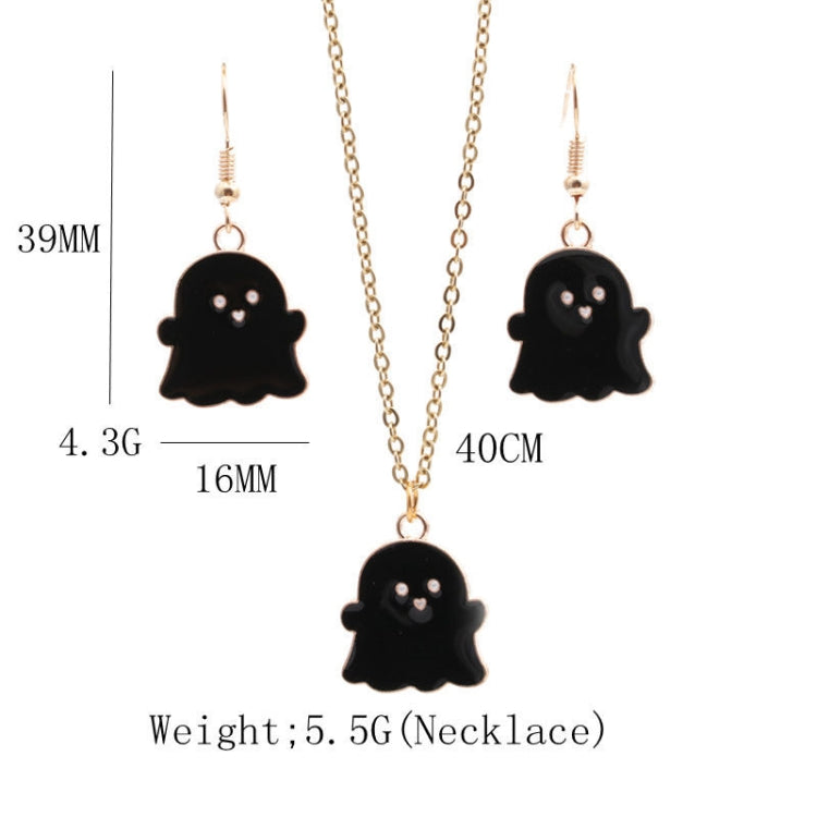 Black ghost charm earrings with gold-tone hooks and smiling face detail; necklace length shown.