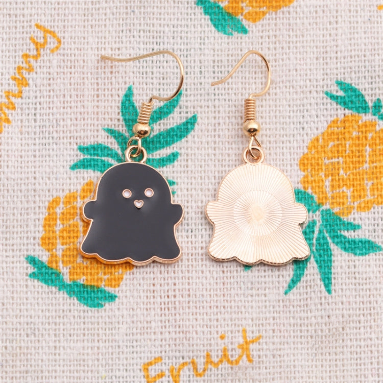 Ghost charm earrings with gold-tone hooks: dark ghost left, light ghost right.