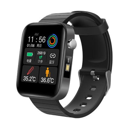 Black smart watch with rectangular display and black silicone band, side button visible.