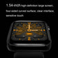 Black smartwatch with large square screen showing colorful interface, black silicone strap.