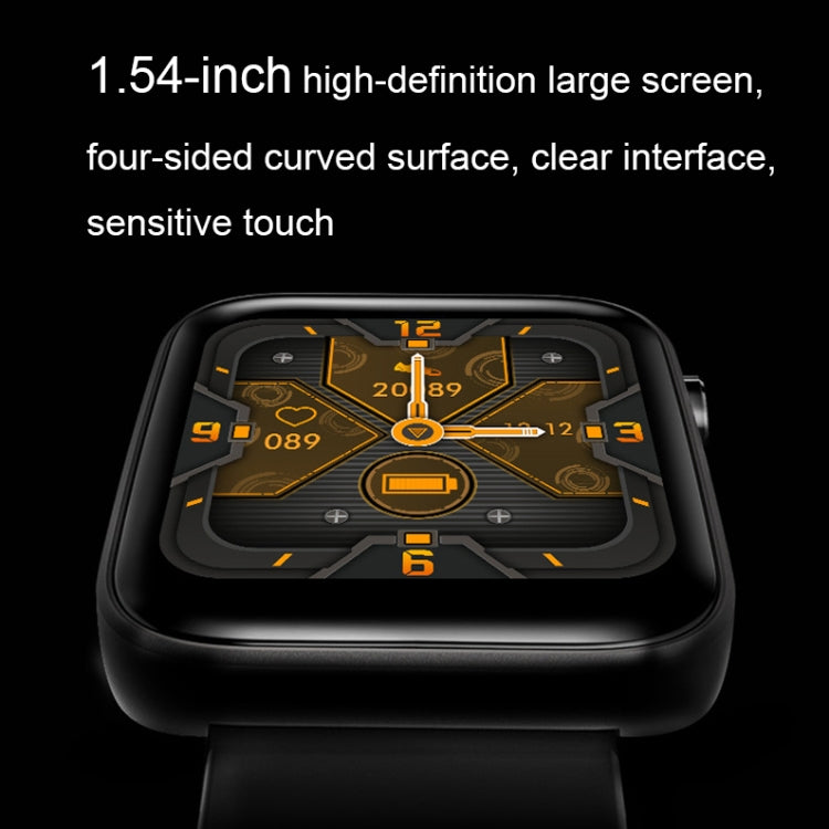 Black smartwatch with large square screen showing colorful interface, black silicone strap.