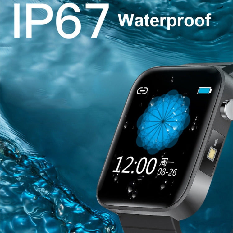 Black smartwatch with side button and flashlight area, shown with water splash effect.