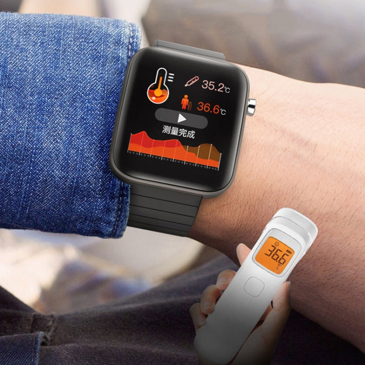 Black smartwatch on wrist showing temperature icons, black silicone band with side button.