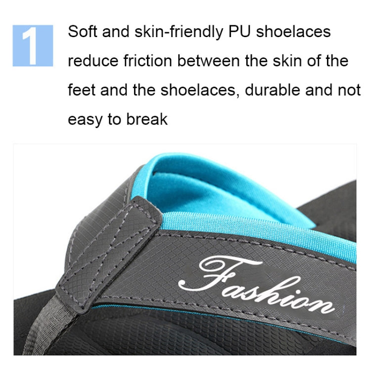 Gray and blue beach flip-flops with wide strap and stitched logo detailing
