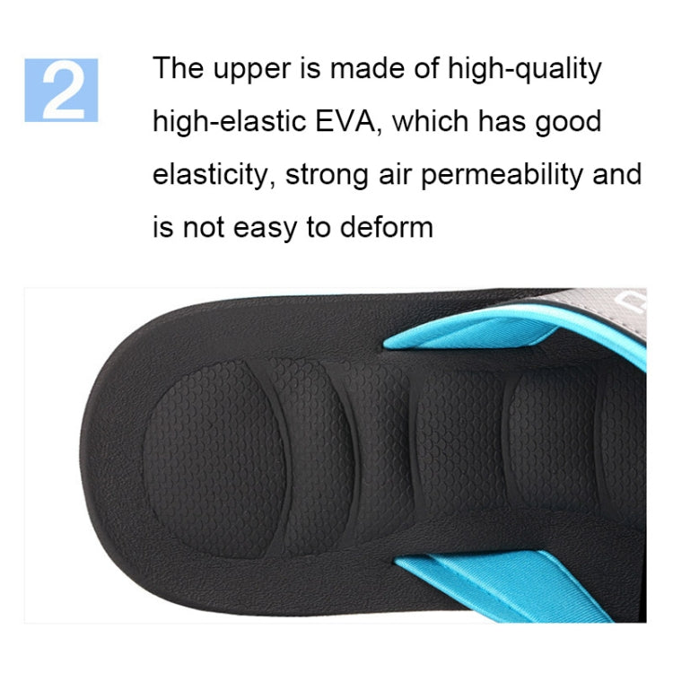 Black slide flip-flop footbed with textured insole and blue strap accents