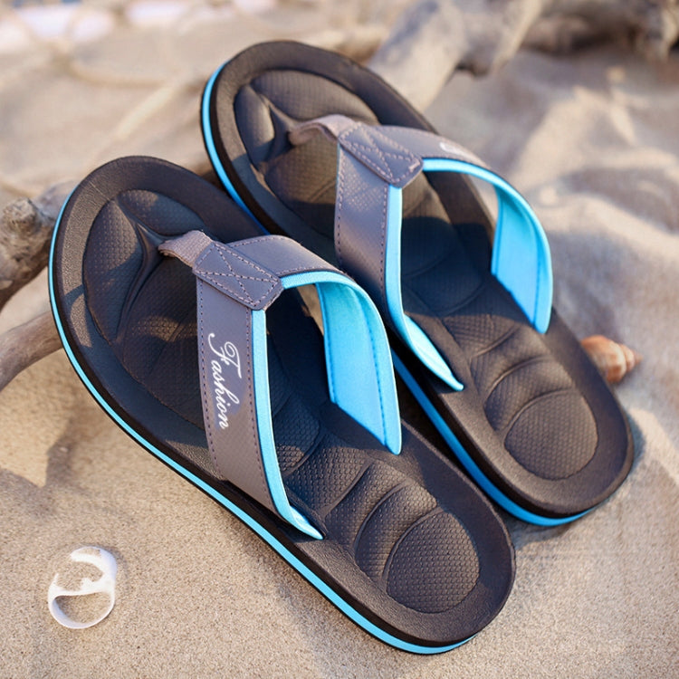 Gray and blue non-slip beach flip-flops, double-strap slide design