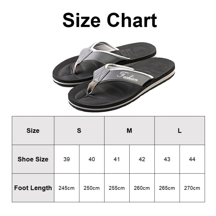Flip-flop size chart showing shoe sizes 39–44 with sample sandals