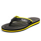 Men's black flip flops with yellow trim, strap with "Fashion" text, textured tread sole
