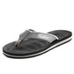 Men's grey flip flops with white trim, strap with "Fashion" text, tread sole