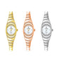 Three oval ladies chain watches with rhinestone details in gold, rose gold, and silver