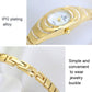 Gold oval ladies watch close-up with rhinestone bezel and link buckle clasp