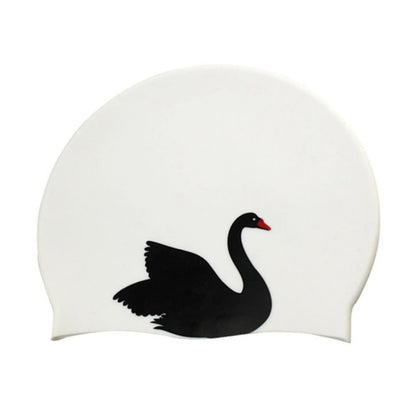 White silicone swimming cap with black swan cartoon print