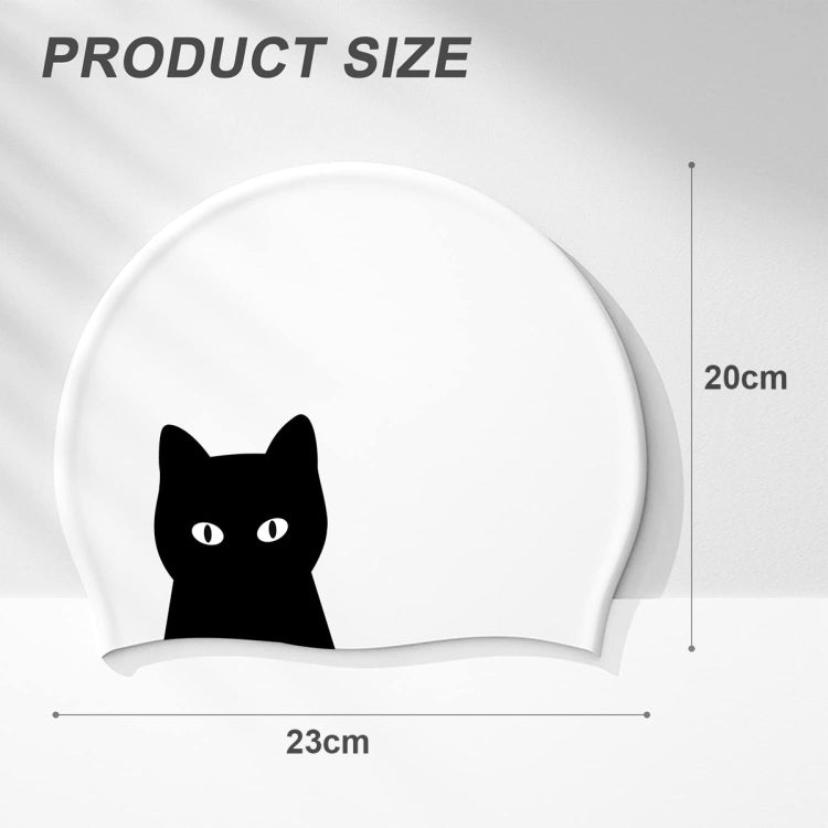 White silicone swimming cap with black cat face graphic
