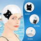 White silicone swimming cap with black cat face graphic