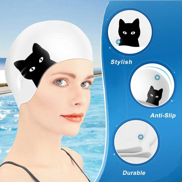White silicone swimming cap with black cat face graphic