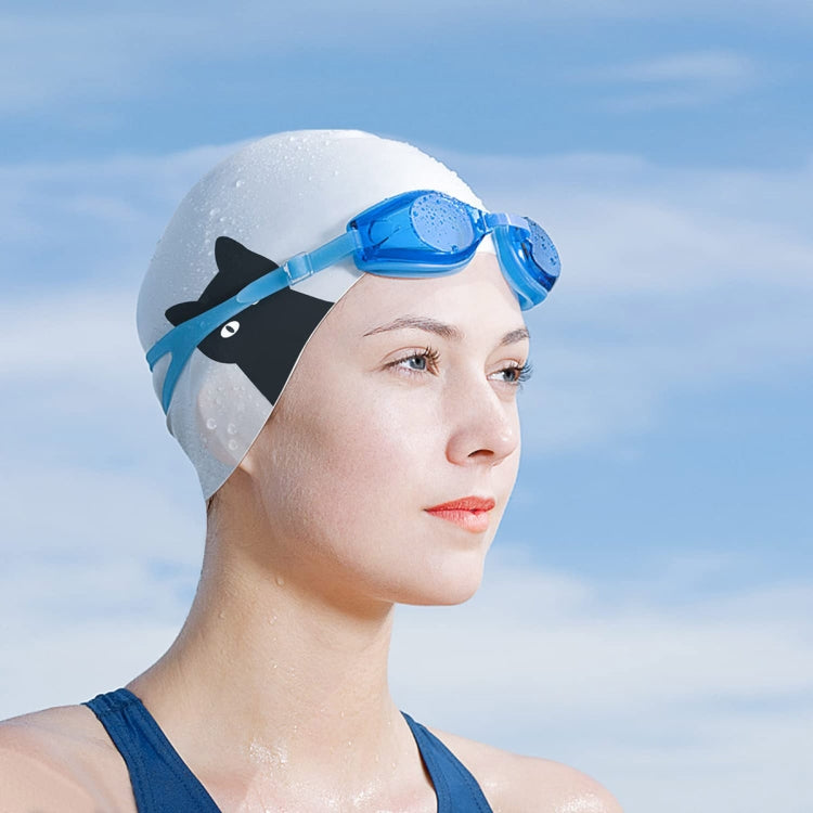 Light gray silicone swimming cap with black swan cartoon print