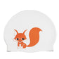 White silicone swimming cap with orange fox cartoon print