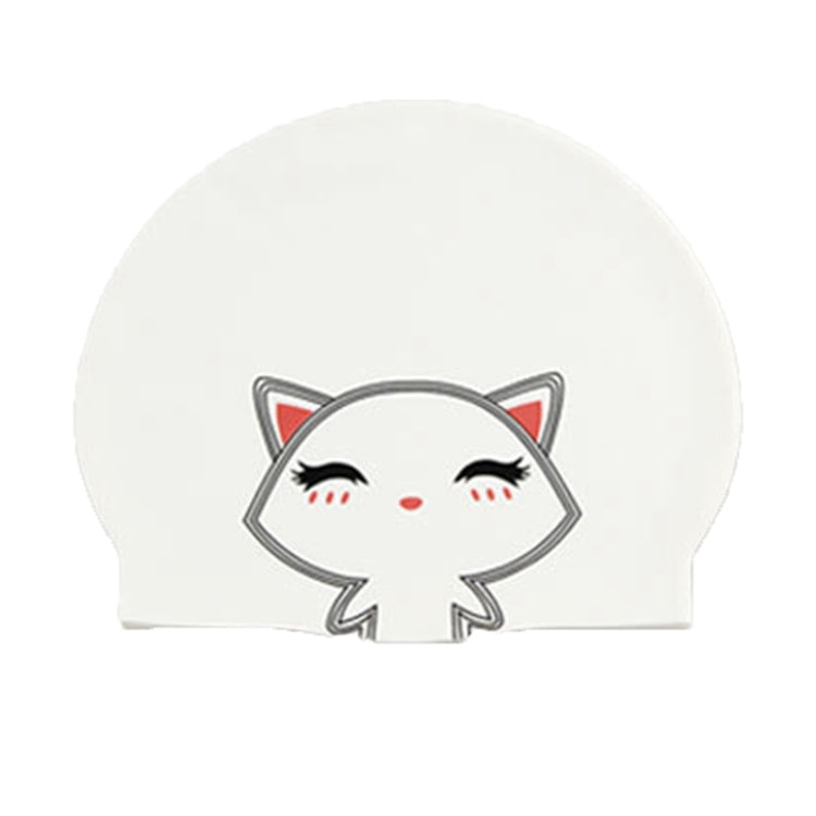White silicone swimming cap with cute white cat cartoon face print