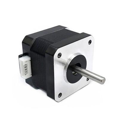 Stepper motor with metal output shaft, black housing and mounting flanges