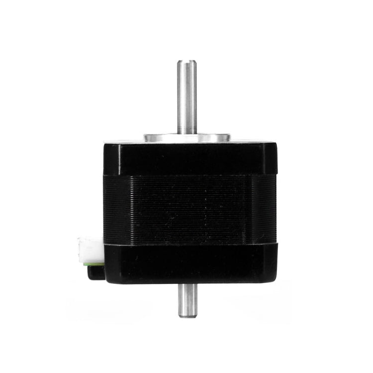 Stepper motor top view with metal output shaft and black cylindrical coil body