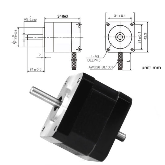 Stepper motor with technical dimension diagram and metal output shaft