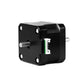 Stepper motor front view with metal shaft and white connector on black housing