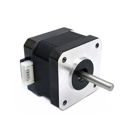 Stepper motor with metal output shaft, black housing and mounting flanges