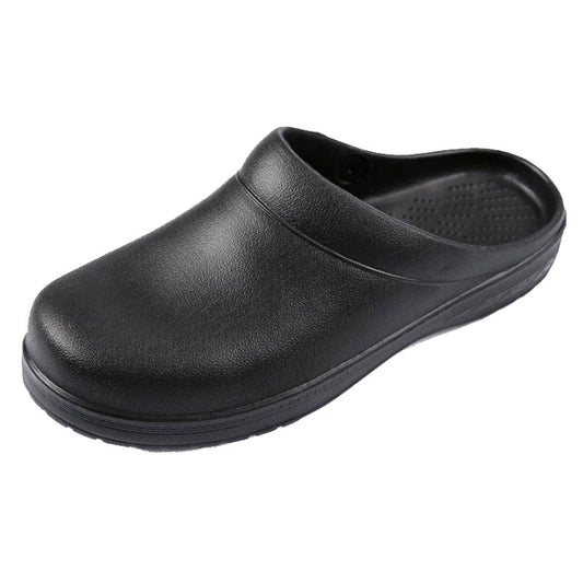 Black slip-on work clogs with rounded toe and perforated footbed