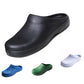 Slip-on work clogs shown in black, blue, green, and white