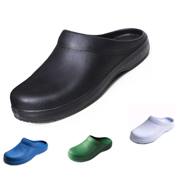 Slip-on work clogs shown in black, blue, green, and white