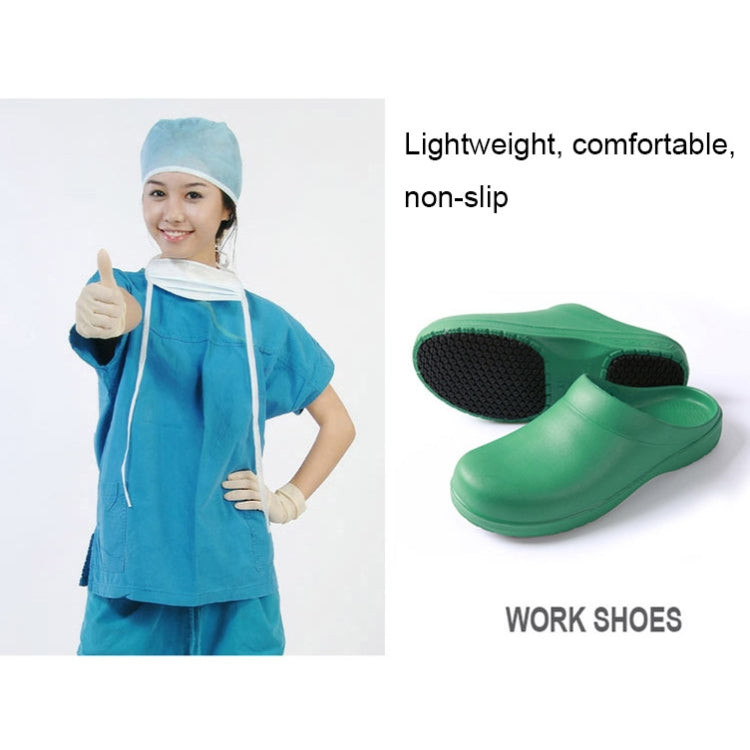 Green slip-on work clogs with textured outsole