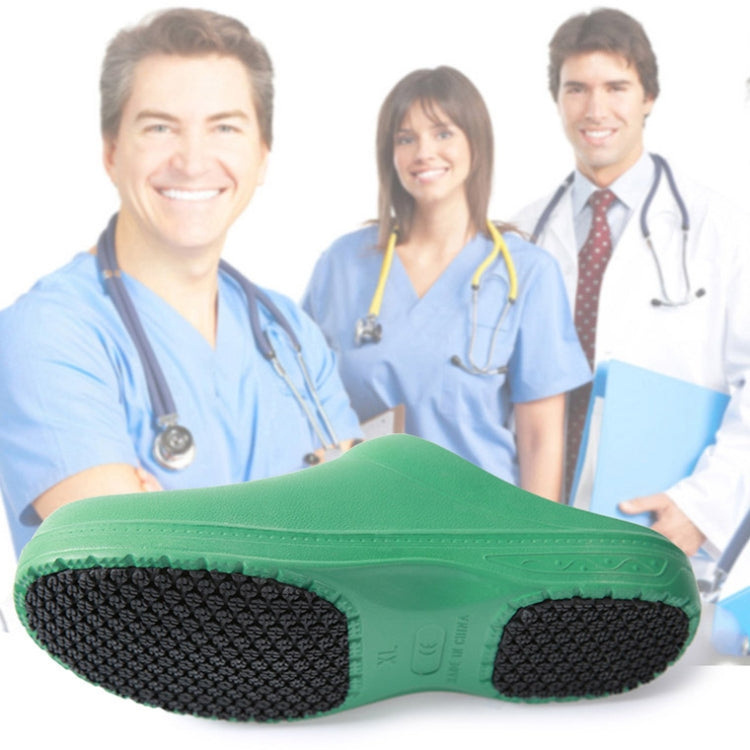 Green clog outsole close-up with grip tread pattern