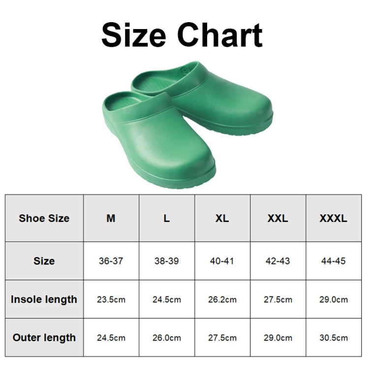 Green slip-on work shoes, with size chart showing sizes 36-37 to 44-45